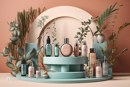 綠植展臺的護膚品數(shù)字藝術(shù) 自然與科技交織的化妝品新敘事
